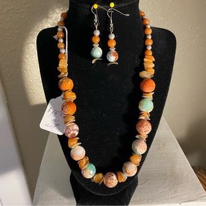 Fire Agate with silver beaded necklace with matching earrings.